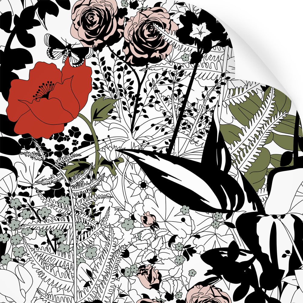 wallpaper swatch with floral garden design in colour