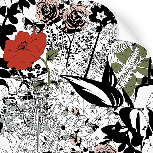 wallpaper swatch with floral garden design in colour