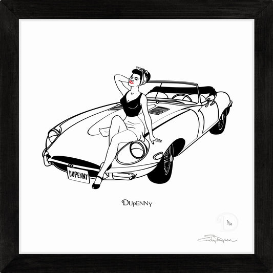 Monochrome art print of retro lady sitting on an E-type bonnet