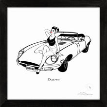 Load image into Gallery viewer, Monochrome art print of retro lady sitting on an E-type bonnet
