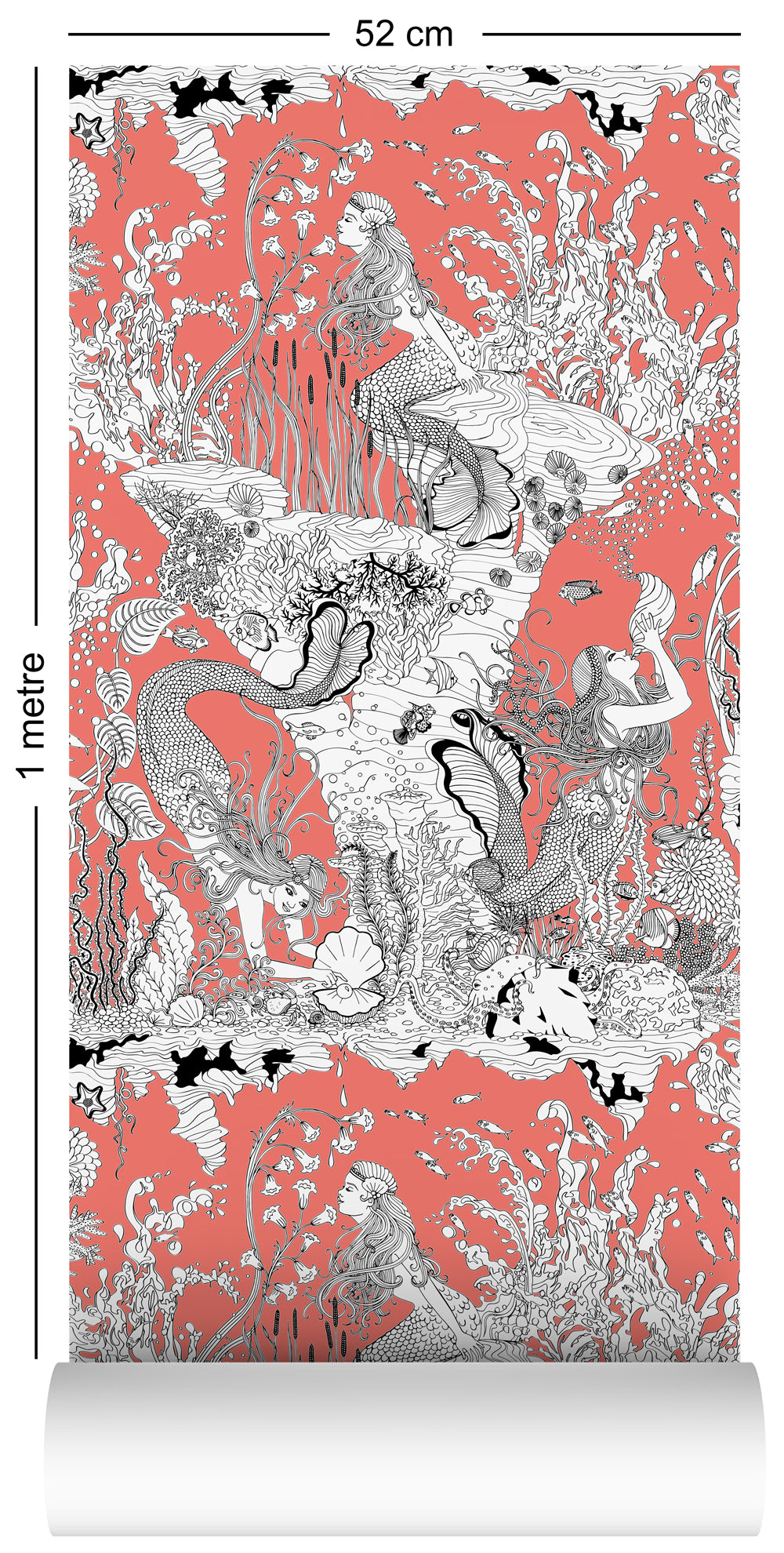 1m wallpaper swatch with underwater mermaid design in coral colourway