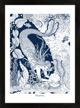 Load image into Gallery viewer, Detailed navy blue framed art print of mermaid underwater.