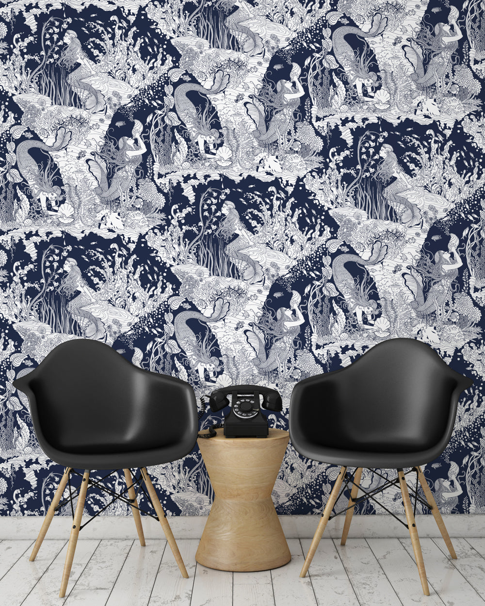 room shot with underwater mermaid wallpaper design in navy blue