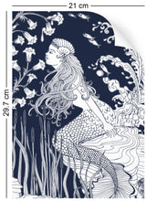 Load image into Gallery viewer, a4 wallpaper swatch with underwater mermaid design in navy blue