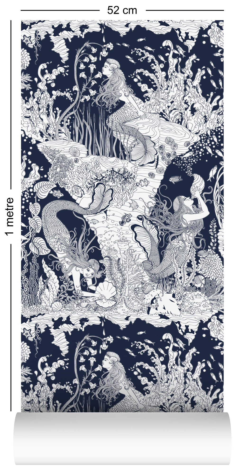 1m wallpaper swatch with underwater mermaid design in navy blue