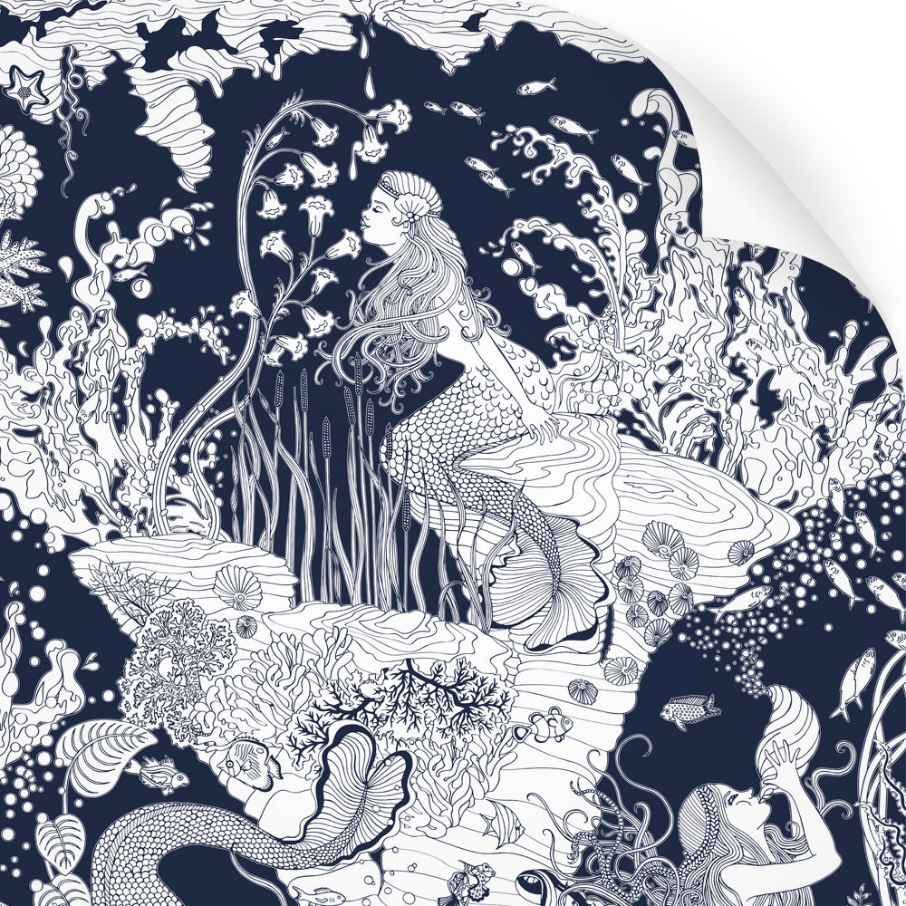 wallpaper swatch with underwater mermaid design in navy blue