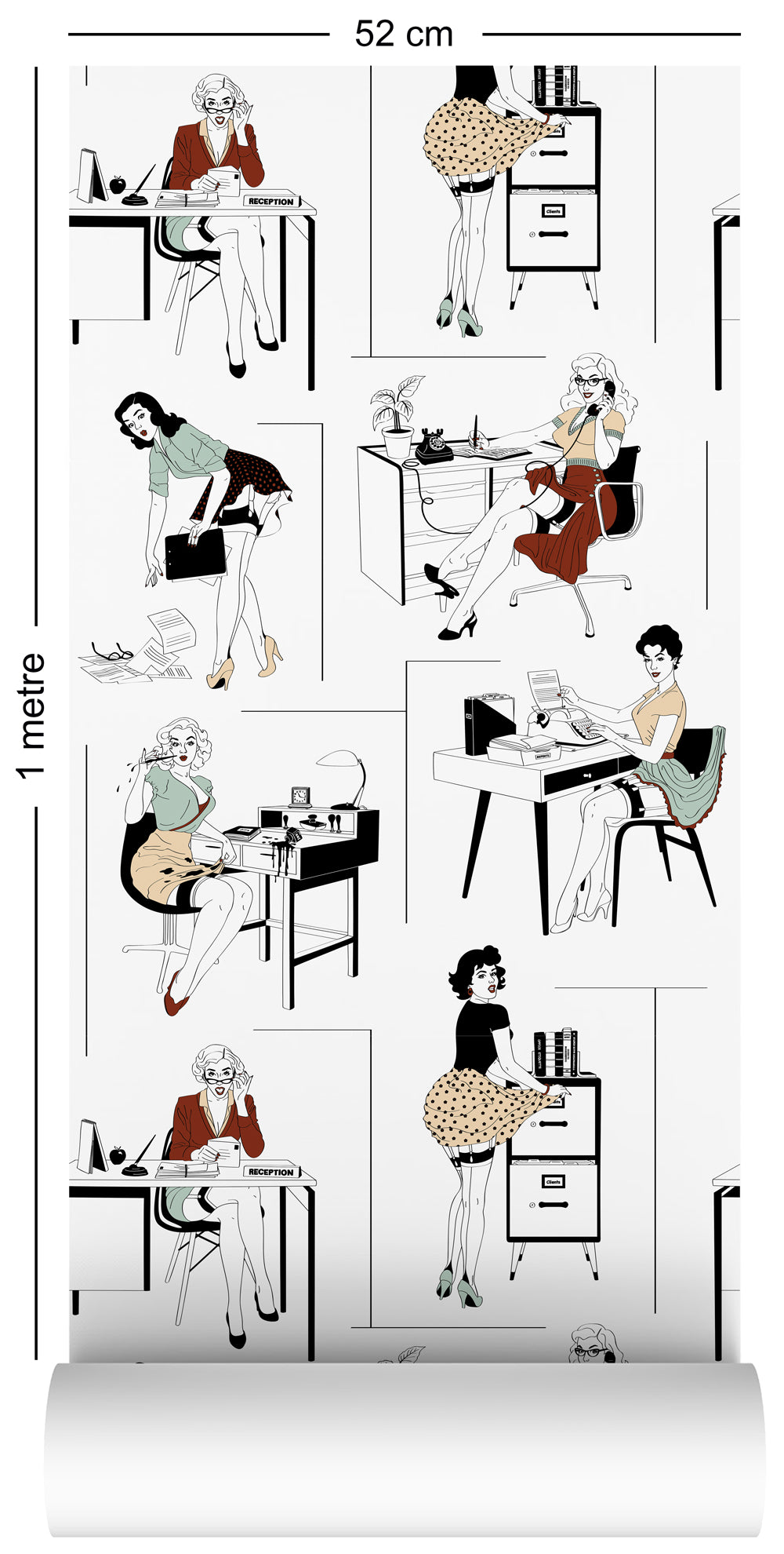 wallpaper roll with sexy office secretaries design in retro colours