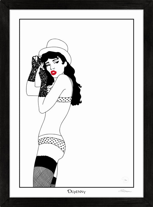 Monochrome art print of burlesque girl with top hat and red lips