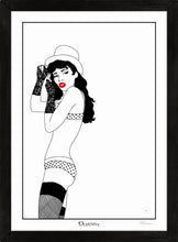 Load image into Gallery viewer, Monochrome art print of burlesque girl with top hat and red lips