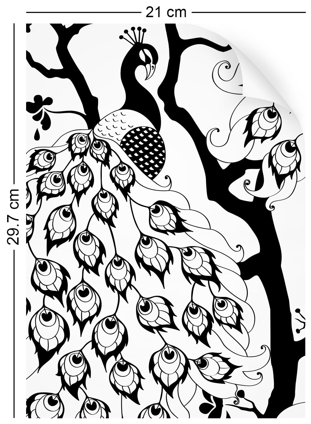 a4 wallpaper swatch with peacock design, in black and white
