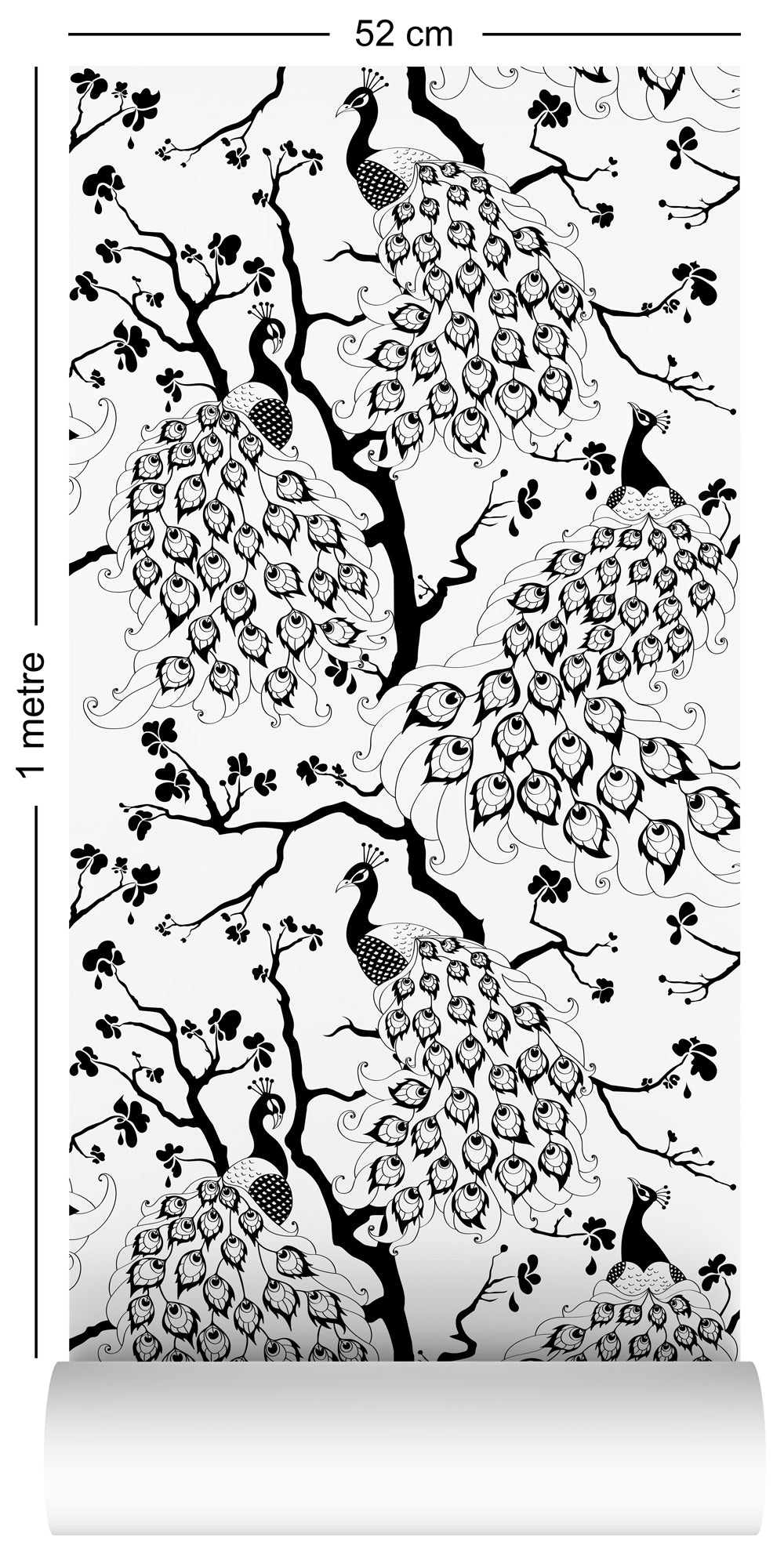 wallpaper roll with peacock design, in black and white