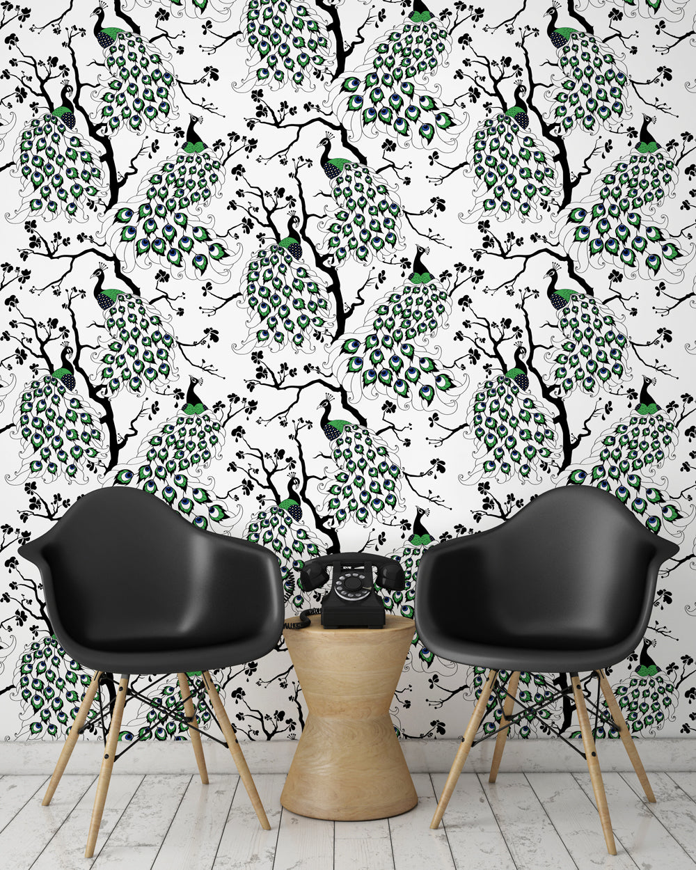 room shot with peacock wallpaper design, in colour