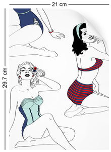 a4 wallpaper swatch with pinup girl design in retro colours