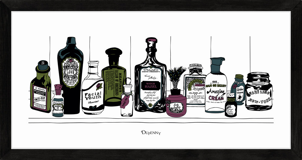 Art print of Victorian apothecary shelf with potions.