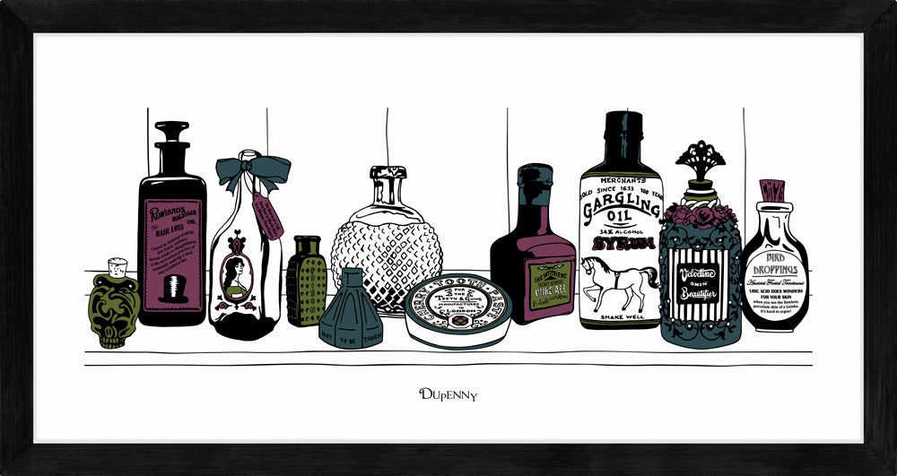 Art print of Victorian apothecary shelf with potions.