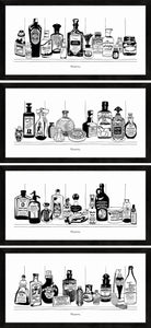 Set of four monochrome art prints of Victorian apothecary shelves with potions.