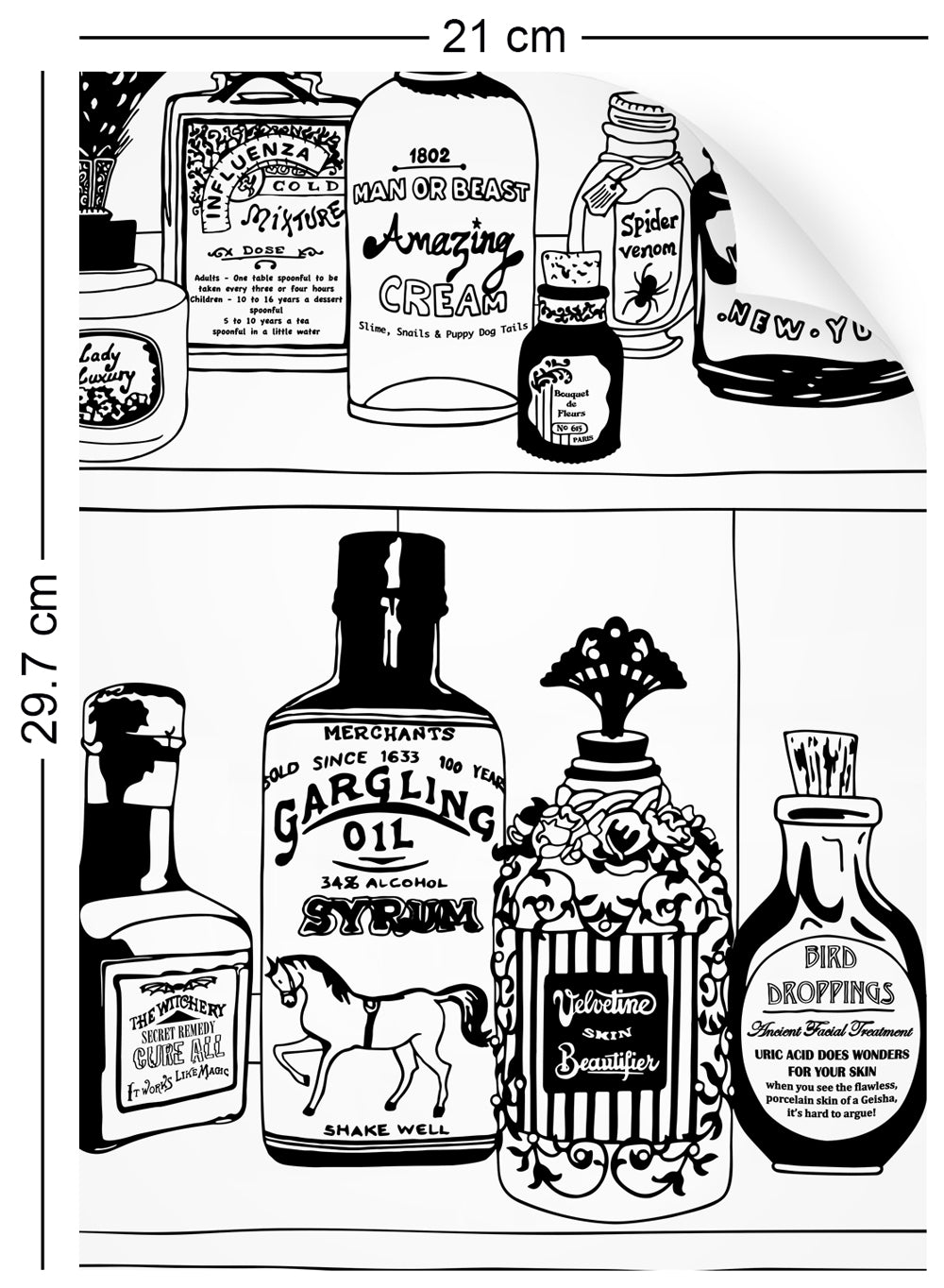 a4 wallpaper swatch with victorian apothecary design in black and white