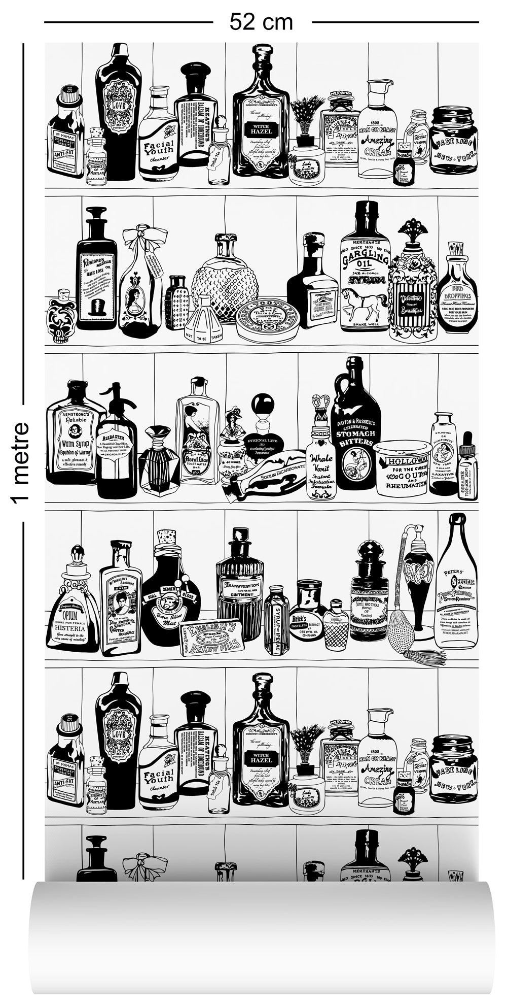 wallpaper roll with victorian apothecary design in black and white