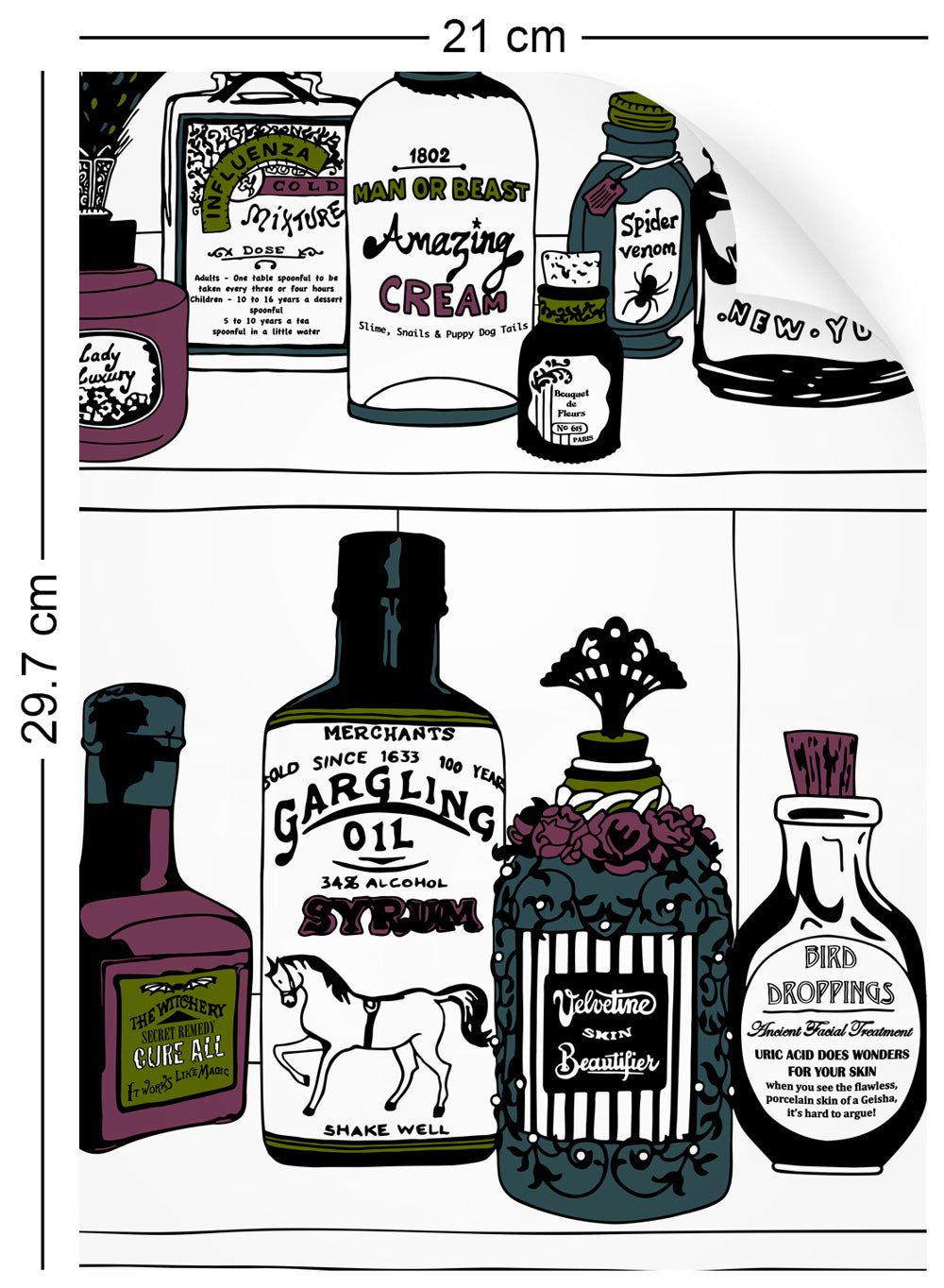 a4 wallpaper swatch with victorian apothecary design in vintage colours