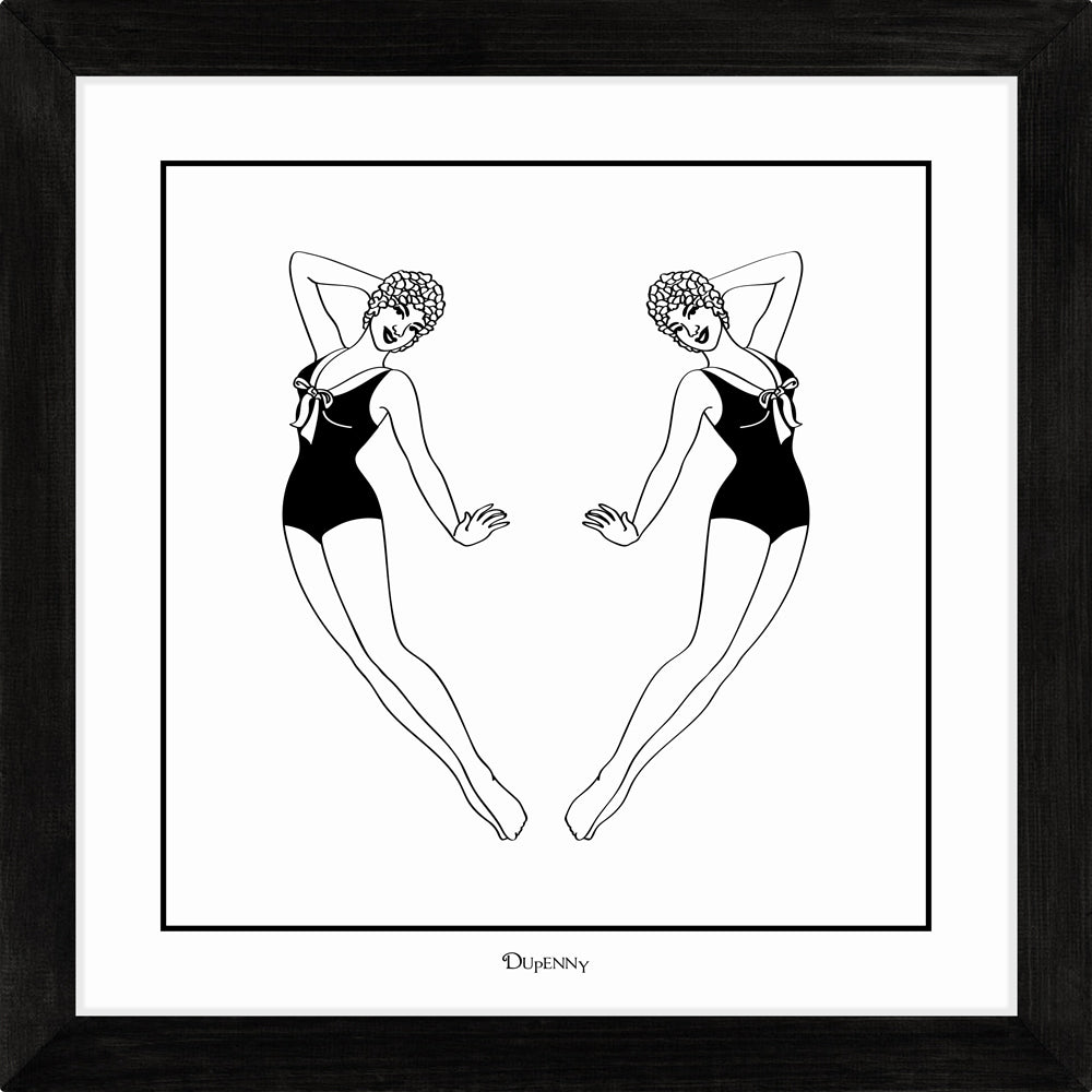 Monochrome art print featuring two synchronised swimmers.