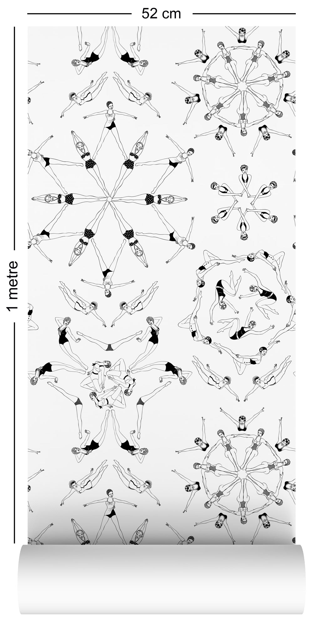 1m wallpaper swatch with synchronised swimmer design in monochrome