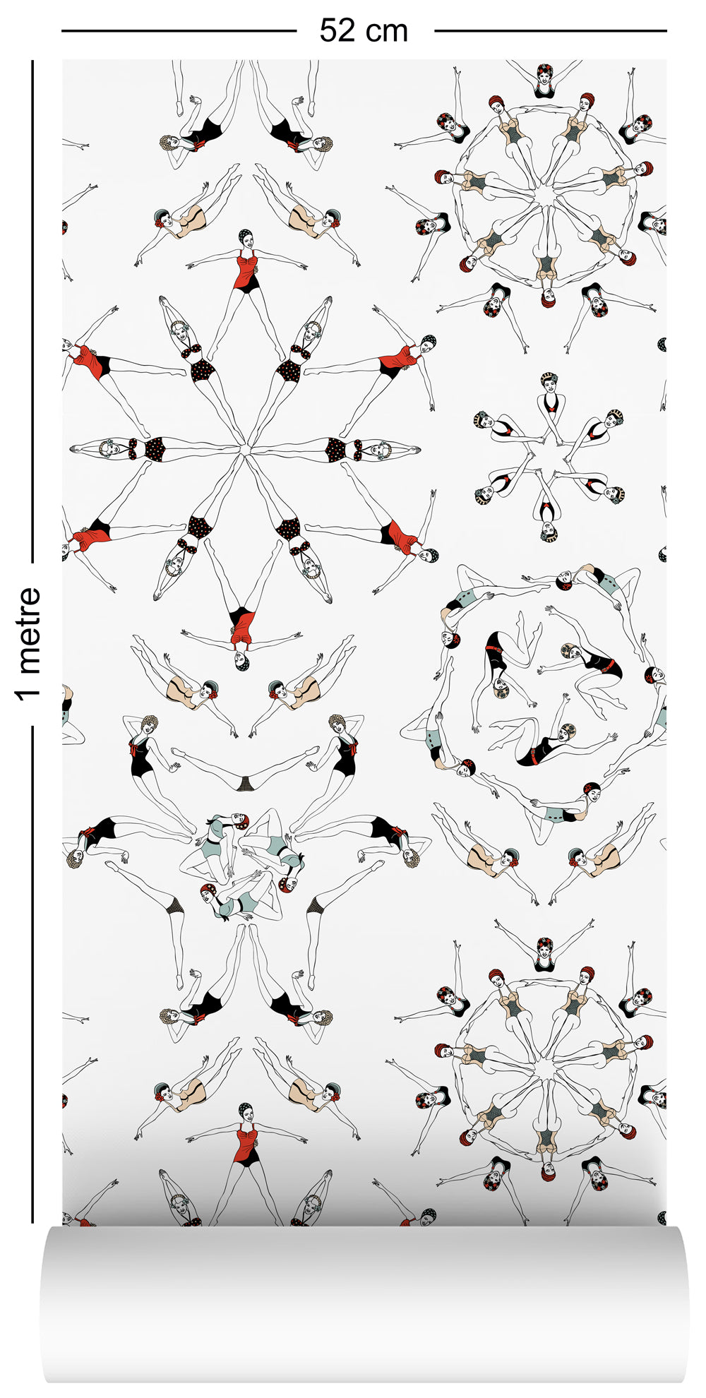 wallpaper roll with synchronised swimmer design in retro colours