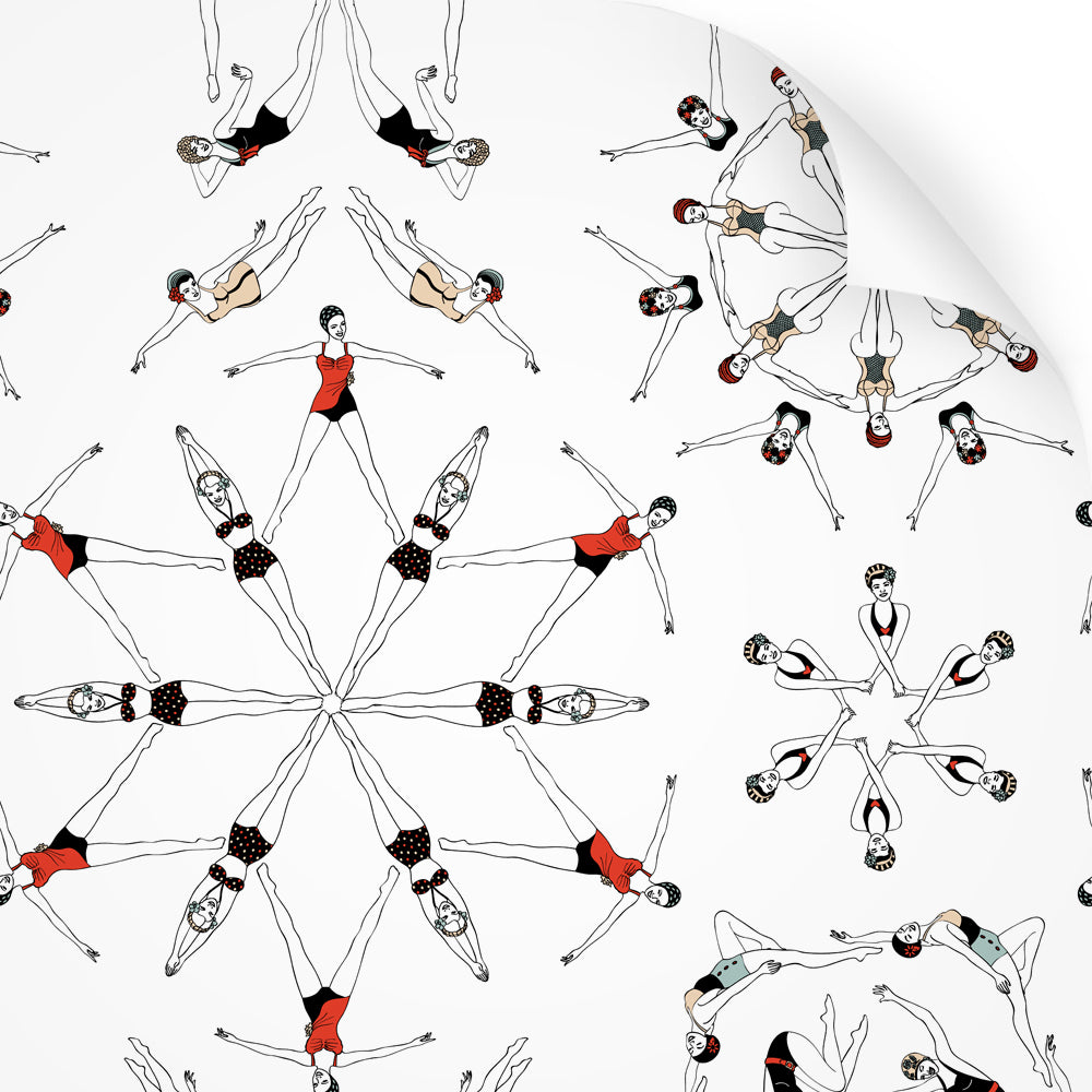 wallpaper swatch with synchronised swimmer design in retro colours