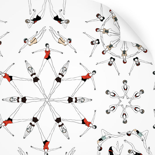 wallpaper swatch with synchronised swimmer design in retro colours