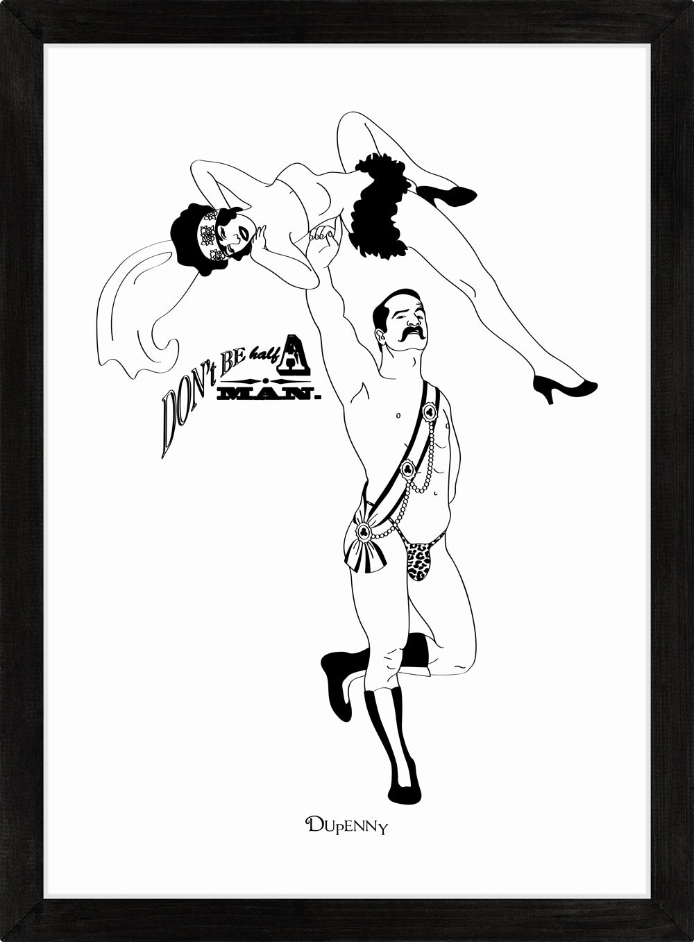 Monochrome art print of comical retro strongman lifting lady.