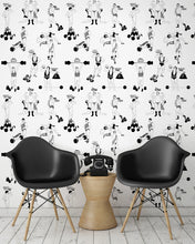Load image into Gallery viewer, room shot with comical strongman wallpaper design in black and white