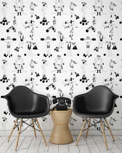 room shot with comical strongman wallpaper design in black and white