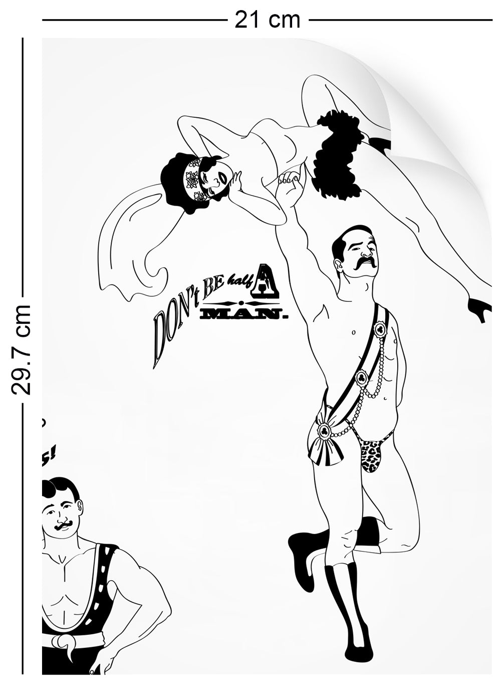 a4 wallpaper swatch with comical strongman design in black and white