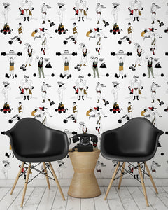 room shot with comical strongman wallpaper design in retro colours