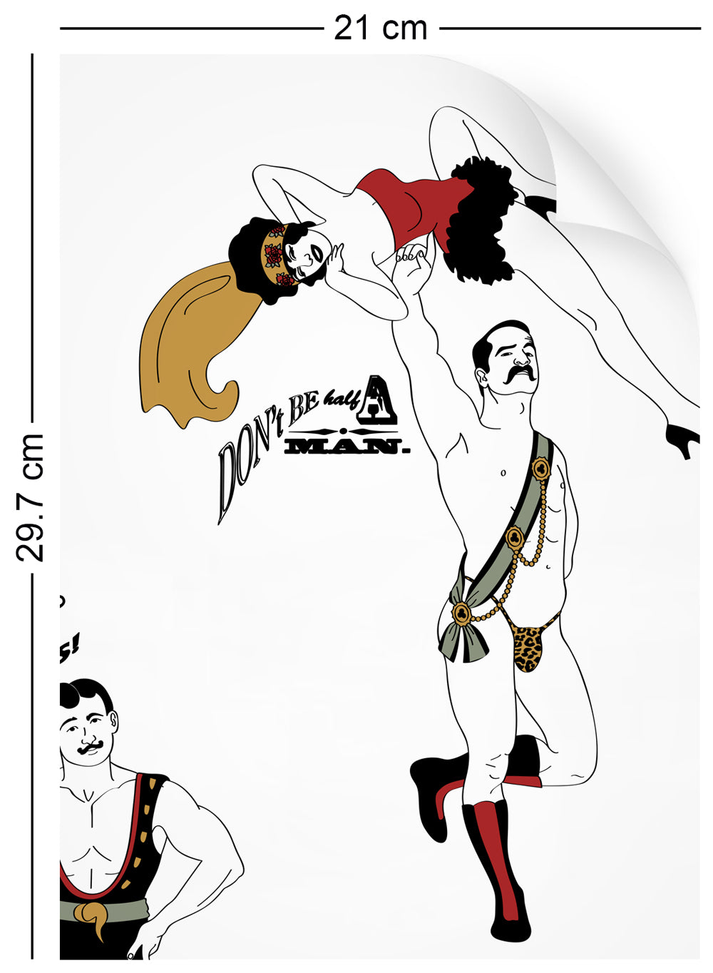 a4 wallpaper swatch with comical strongman design in retro colours