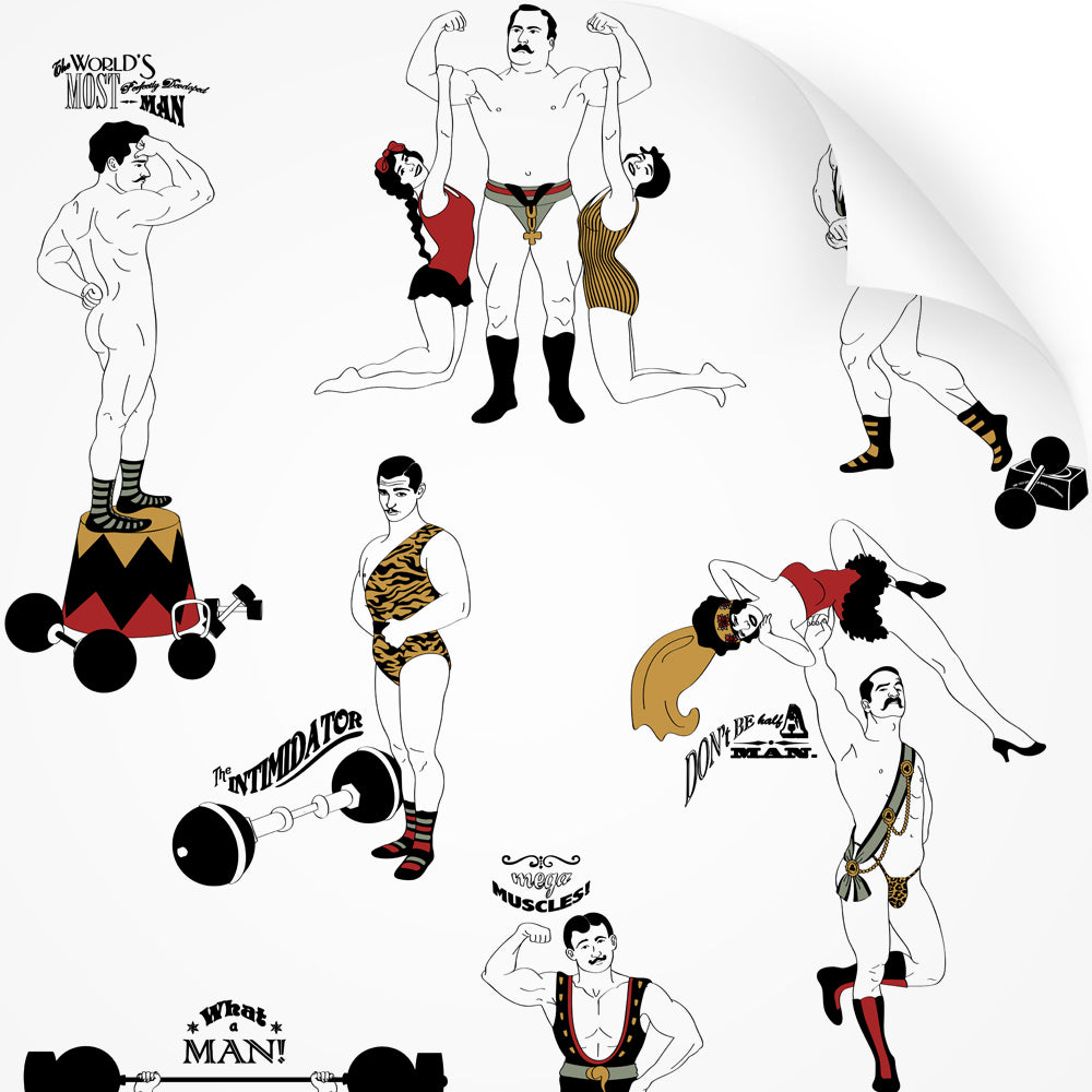 wallpaper swatch with comical strongman design in retro colours