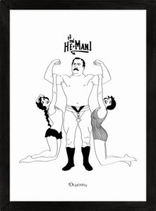 Monochrome art print of comical retro strongman lifting two ladies.