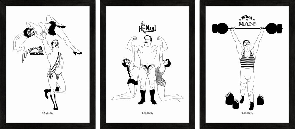 Set of three monochrome art prints of comical retro strongmen.