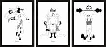 Load image into Gallery viewer, Set of three monochrome art prints of comical retro strongmen.
