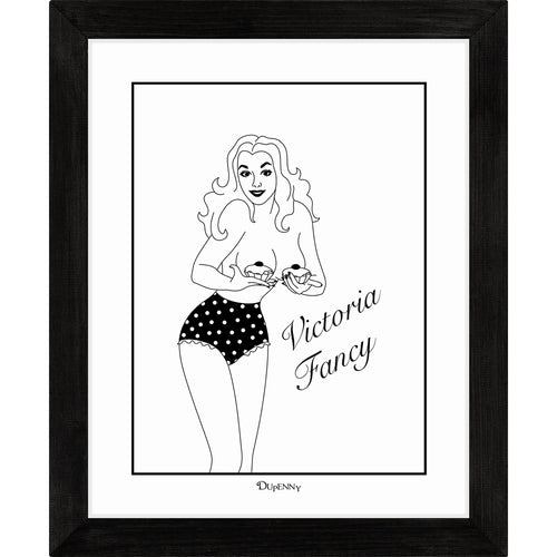 Monochrome art print of pinup girl holding a pair of cupcakes