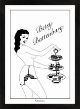 Load image into Gallery viewer, Monochrome art print of pinup girl holding cake stand