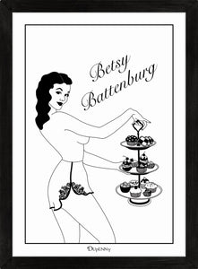 Monochrome art print of pinup girl holding cake stand