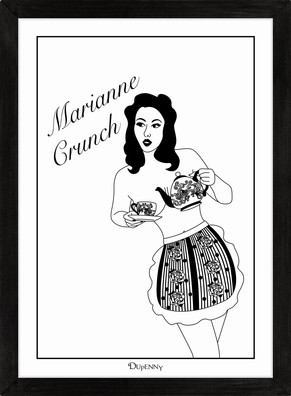 Monochrome art print of pinup girl pouring tea