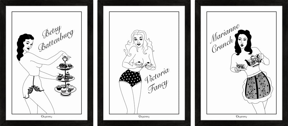 Set of three monochrome art prints of pinup girls serving high tea.