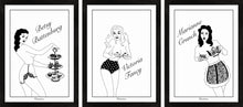Load image into Gallery viewer, Set of three monochrome art prints of pinup girls serving high tea.