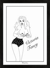 Load image into Gallery viewer, Monochrome art print of pinup girl holding a pair of cupcakes