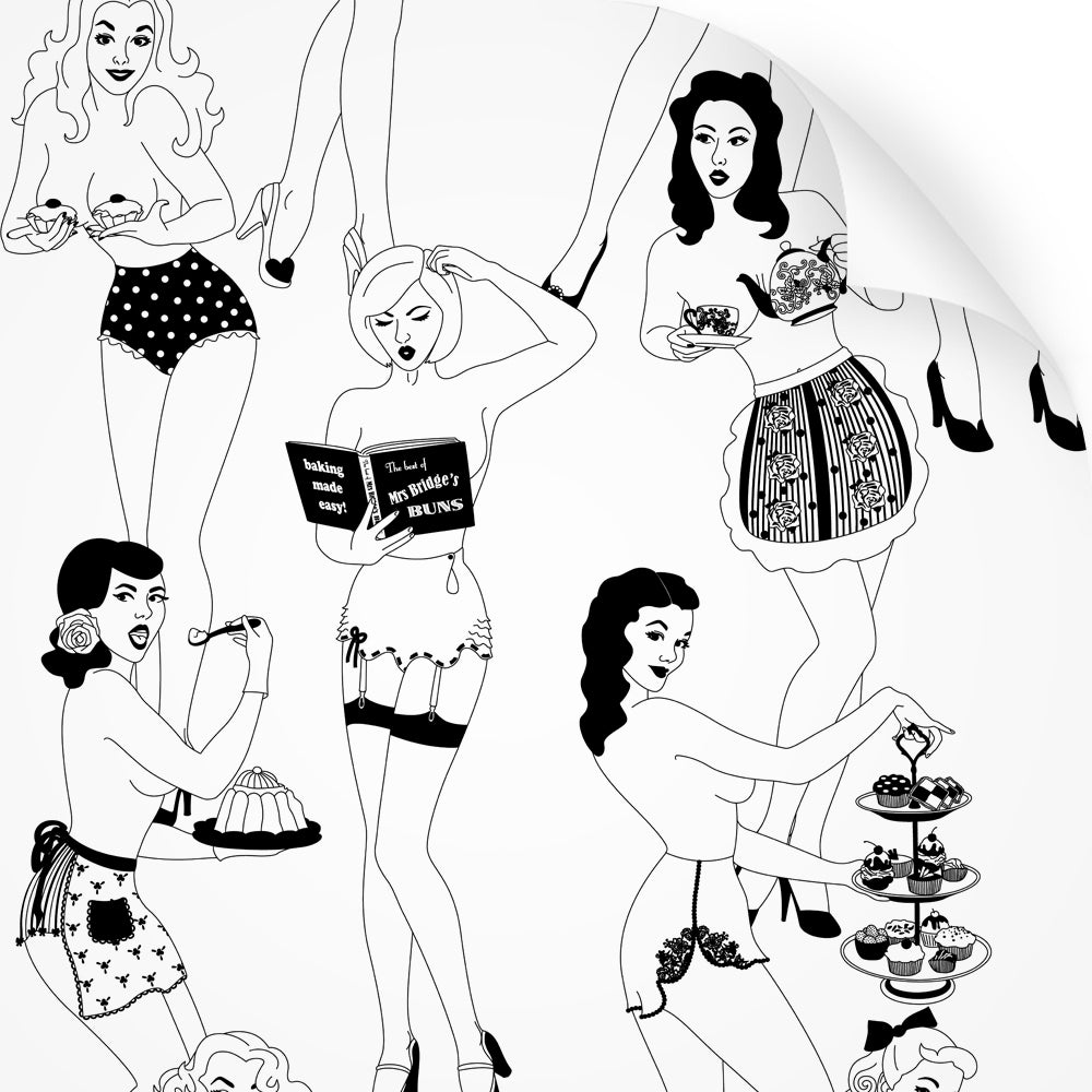 wallpaper swatch with sexy retro ladies serving tea and cake