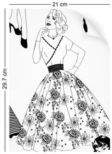 Load image into Gallery viewer, a4 wallpaper swatch with vintage dresses and ladies fashion in monochrome