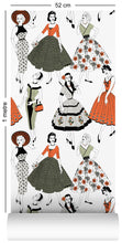 Load image into Gallery viewer, 1m wallpaper swatch with vintage dresses and ladies fashion in retro colours