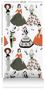 1m wallpaper swatch with vintage dresses and ladies fashion in retro colours
