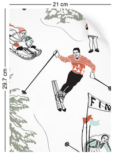 a4 wallpaper swatch with winter skiing and sledding in retro colours